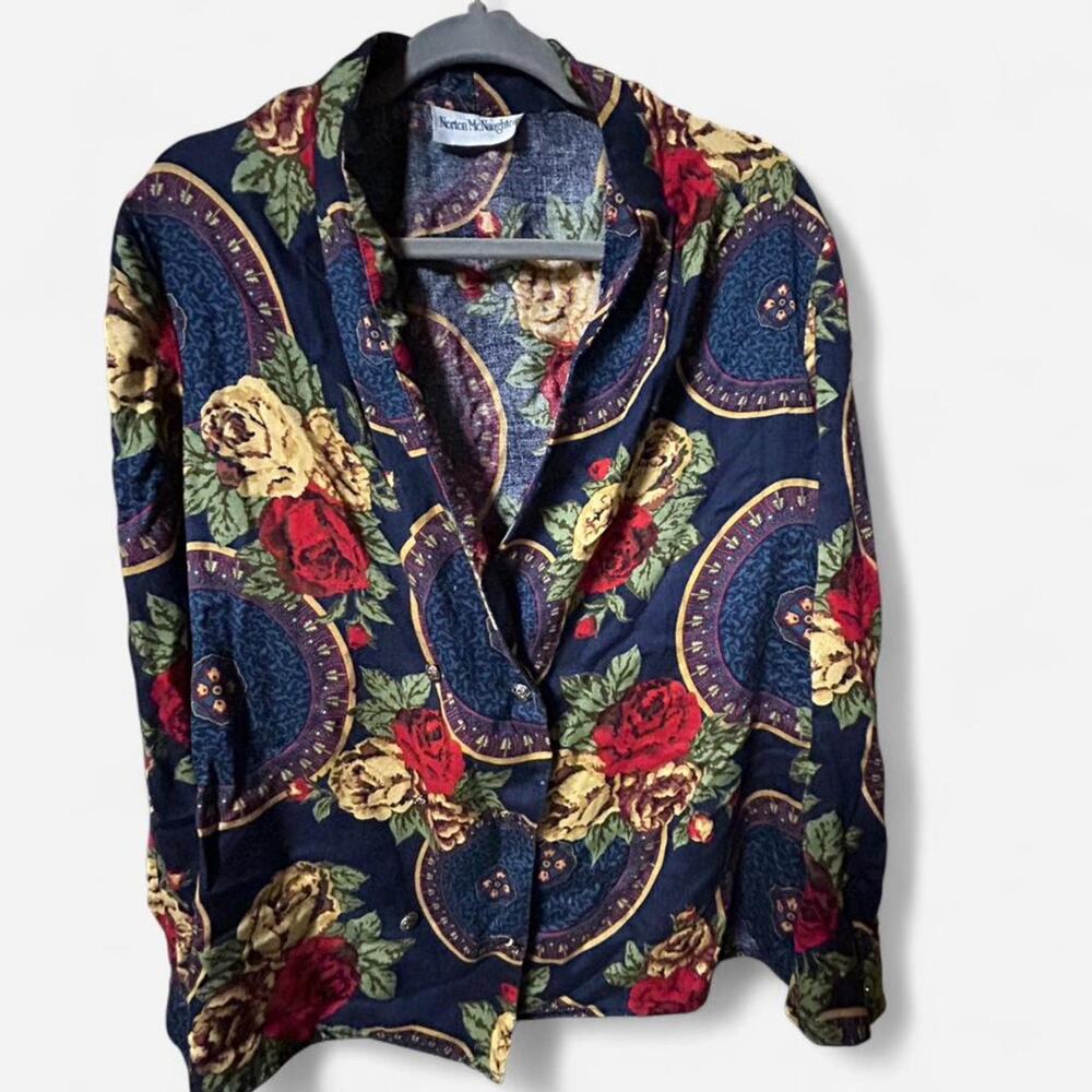 Vintage large 90s regal floral button up blouse blazer royal collegiate